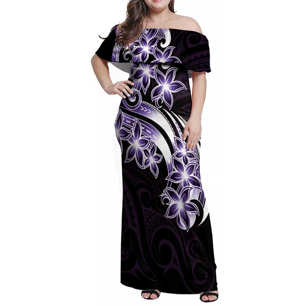 Plumeria Tribal Tattoo Family Matching Off Shoulder Maxi Dress and Hawaiian Shirt Purple Polynesian Pattern LT9 Mom's Dress Purple - Polynesian Pride