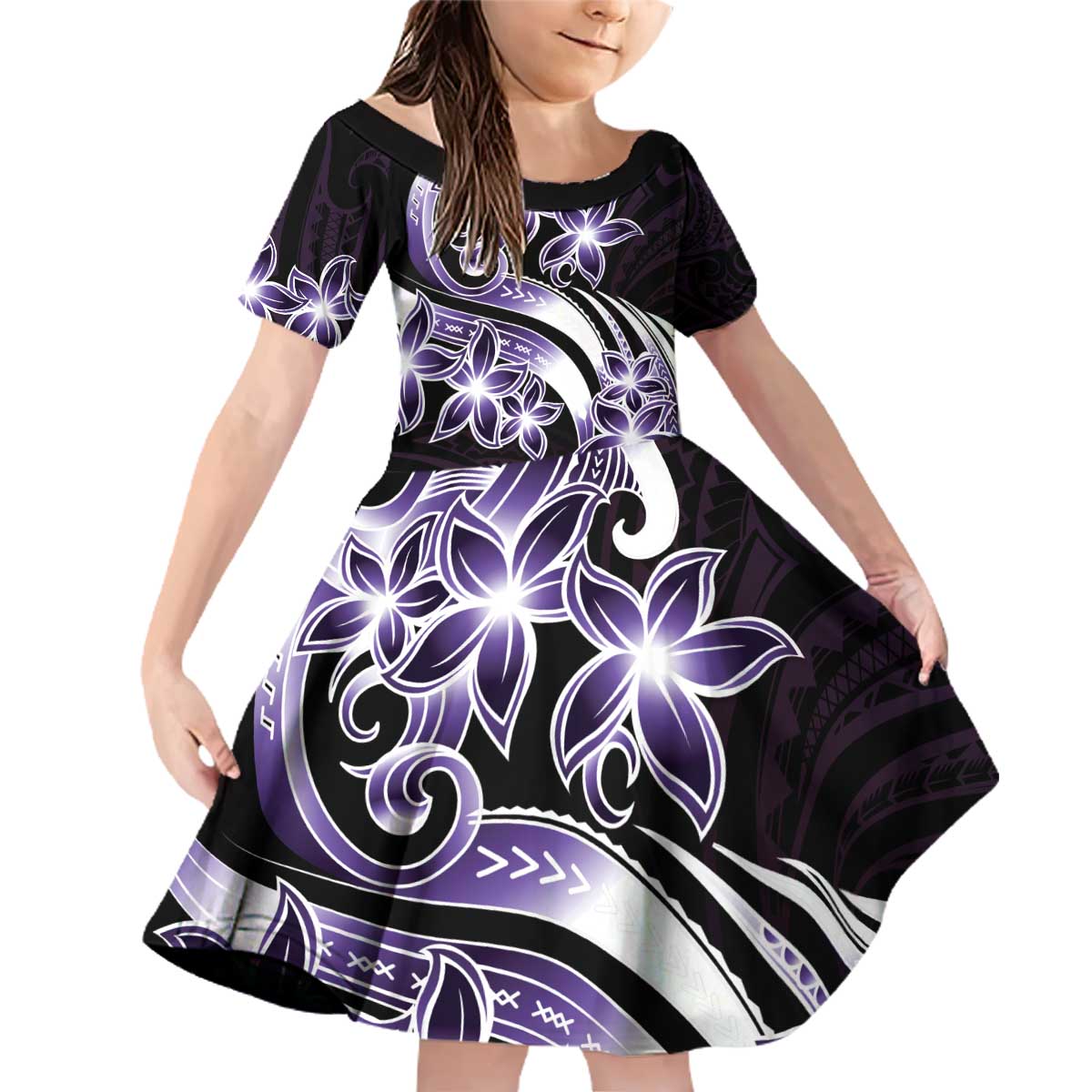 Plumeria Tribal Tattoo Family Matching Off Shoulder Short Dress and Hawaiian Shirt Purple Polynesian Pattern LT9 Daughter's Dress Purple - Polynesian Pride