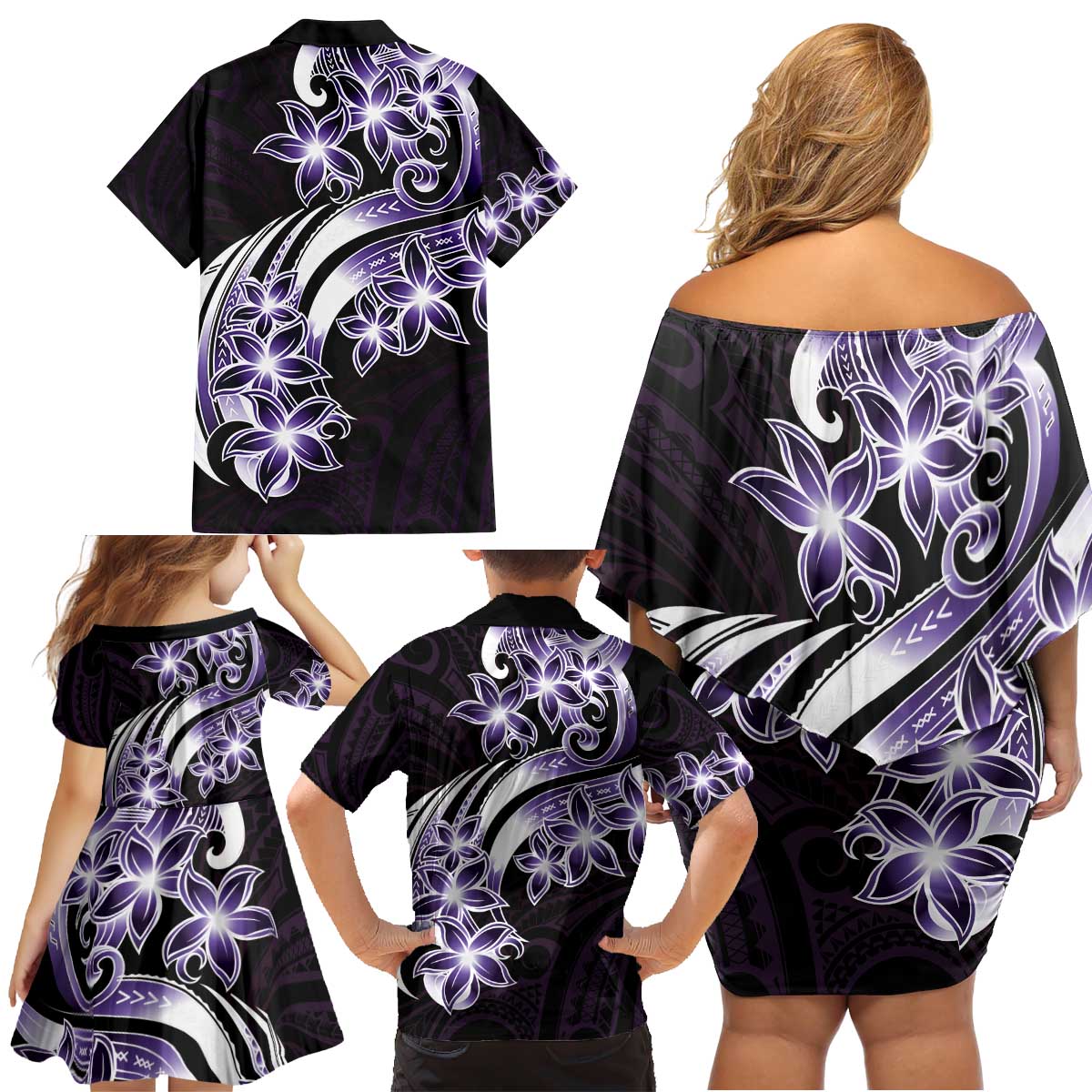 Plumeria Tribal Tattoo Family Matching Off Shoulder Short Dress and Hawaiian Shirt Purple Polynesian Pattern LT9 - Polynesian Pride