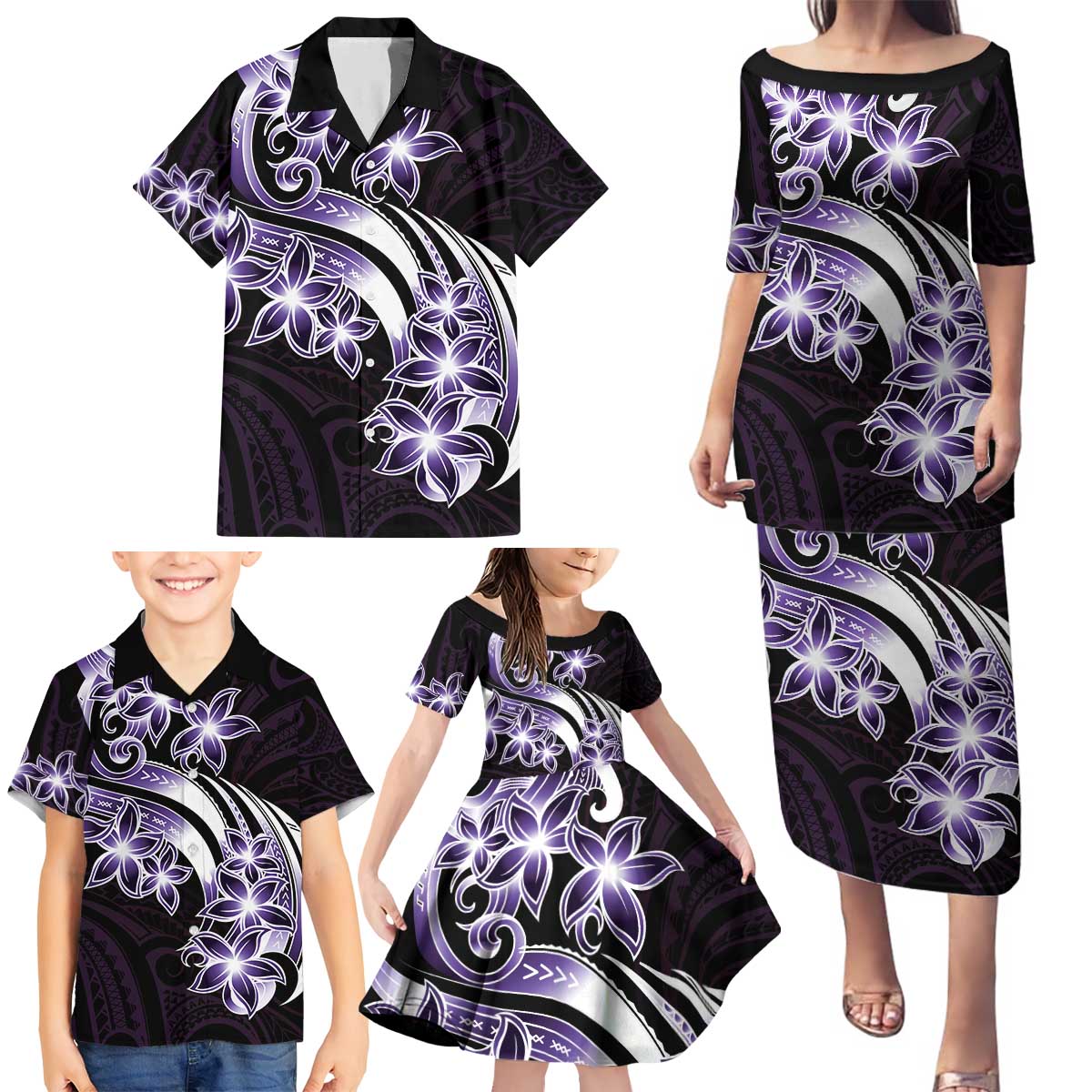 Plumeria Tribal Tattoo Family Matching Puletasi and Hawaiian Shirt Purple Polynesian Pattern LT9 - Polynesian Pride