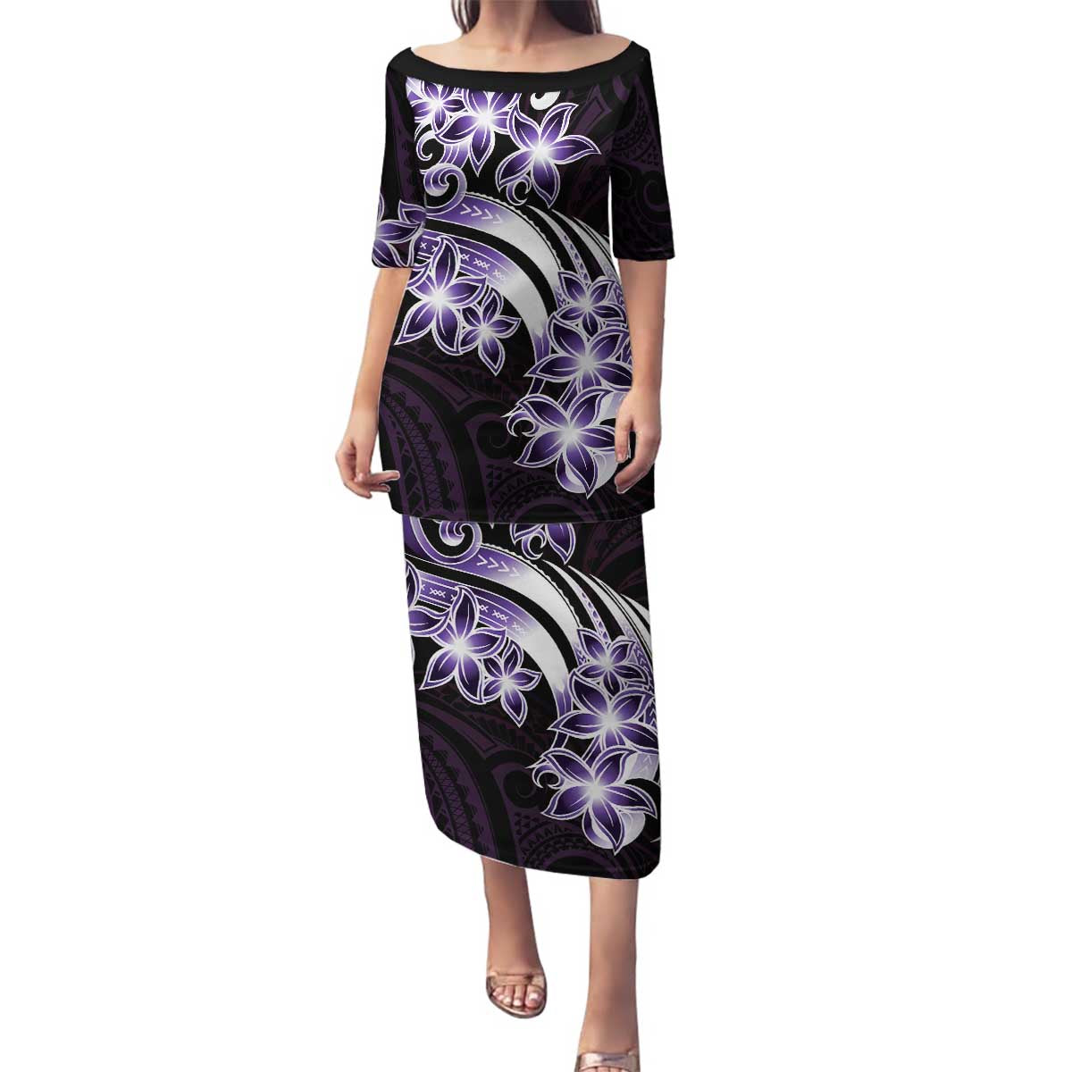 Plumeria Tribal Tattoo Family Matching Puletasi and Hawaiian Shirt Purple Polynesian Pattern LT9 Mom's Dress Purple - Polynesian Pride
