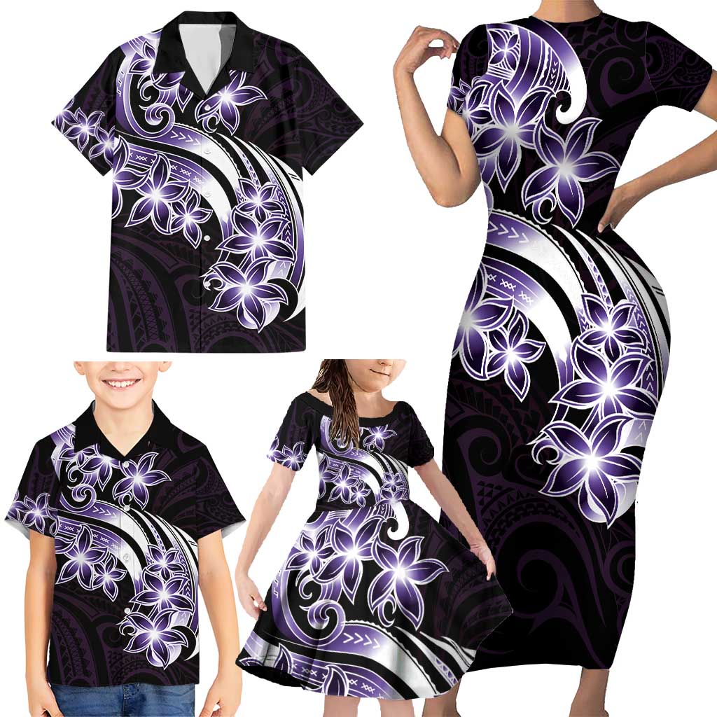 Plumeria Tribal Tattoo Family Matching Short Sleeve Bodycon Dress and Hawaiian Shirt Purple Polynesian Pattern LT9 - Polynesian Pride