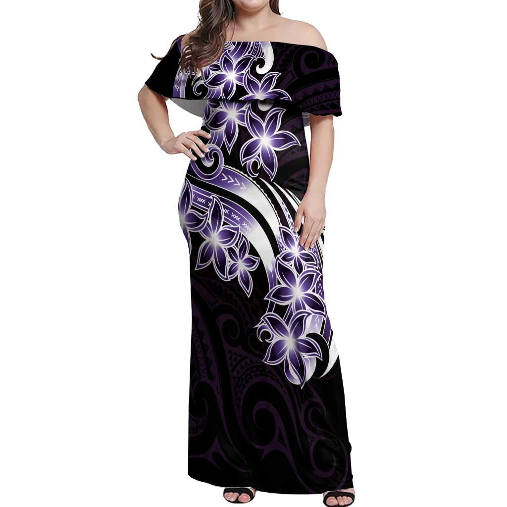 Plumeria Tribal Tattoo Off Shoulder Maxi Dress Purple Polynesian Pattern LT9 Women Purple - Polynesian Pride