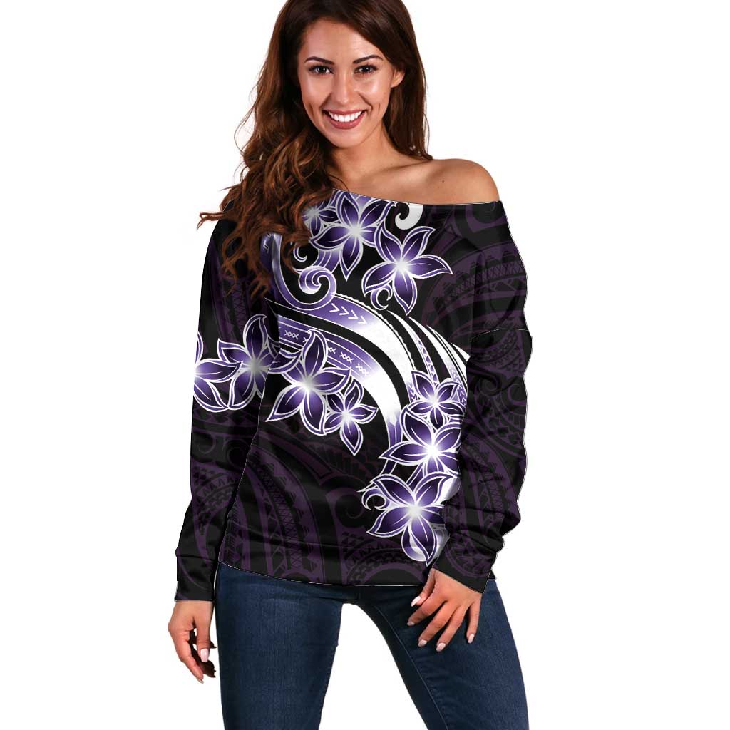 Plumeria Tribal Tattoo Off Shoulder Sweater Purple Polynesian Pattern LT9 Women Purple - Polynesian Pride
