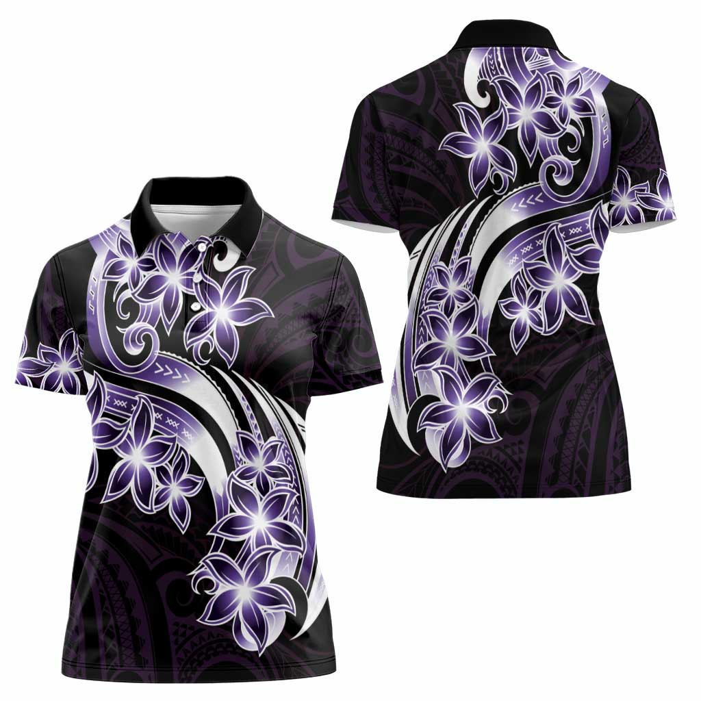 Plumeria Tribal Tattoo Women Polo Shirt Purple Polynesian Pattern