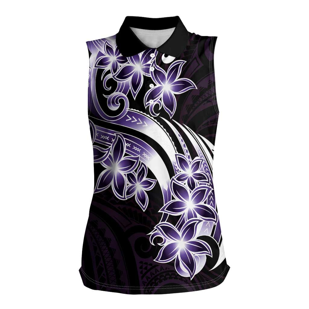 Plumeria Tribal Tattoo Women Sleeveless Polo Shirt Purple Polynesian Pattern LT9 Female Purple - Polynesian Pride