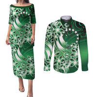 Cook Islands Tattoo Couples Matching Puletasi and Long Sleeve Button Shirt Plumeria Polynesian Pattern LT9 Green - Polynesian Pride