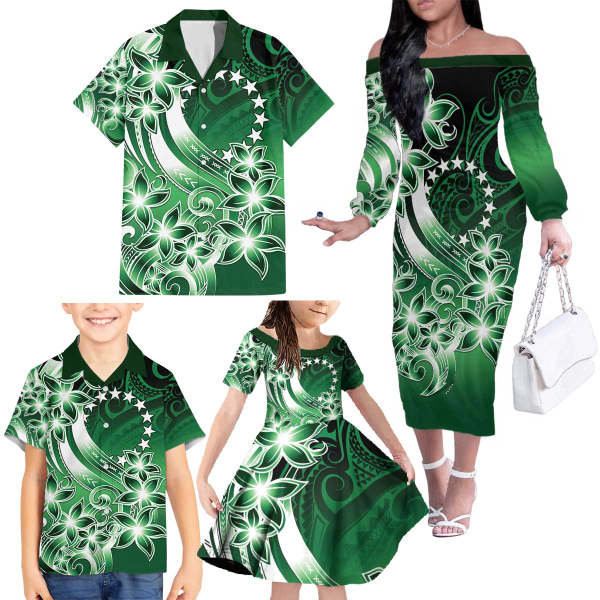Cook Islands Tattoo Family Matching Off The Shoulder Long Sleeve Dress and Hawaiian Shirt Plumeria Polynesian Pattern LT9 - Polynesian Pride