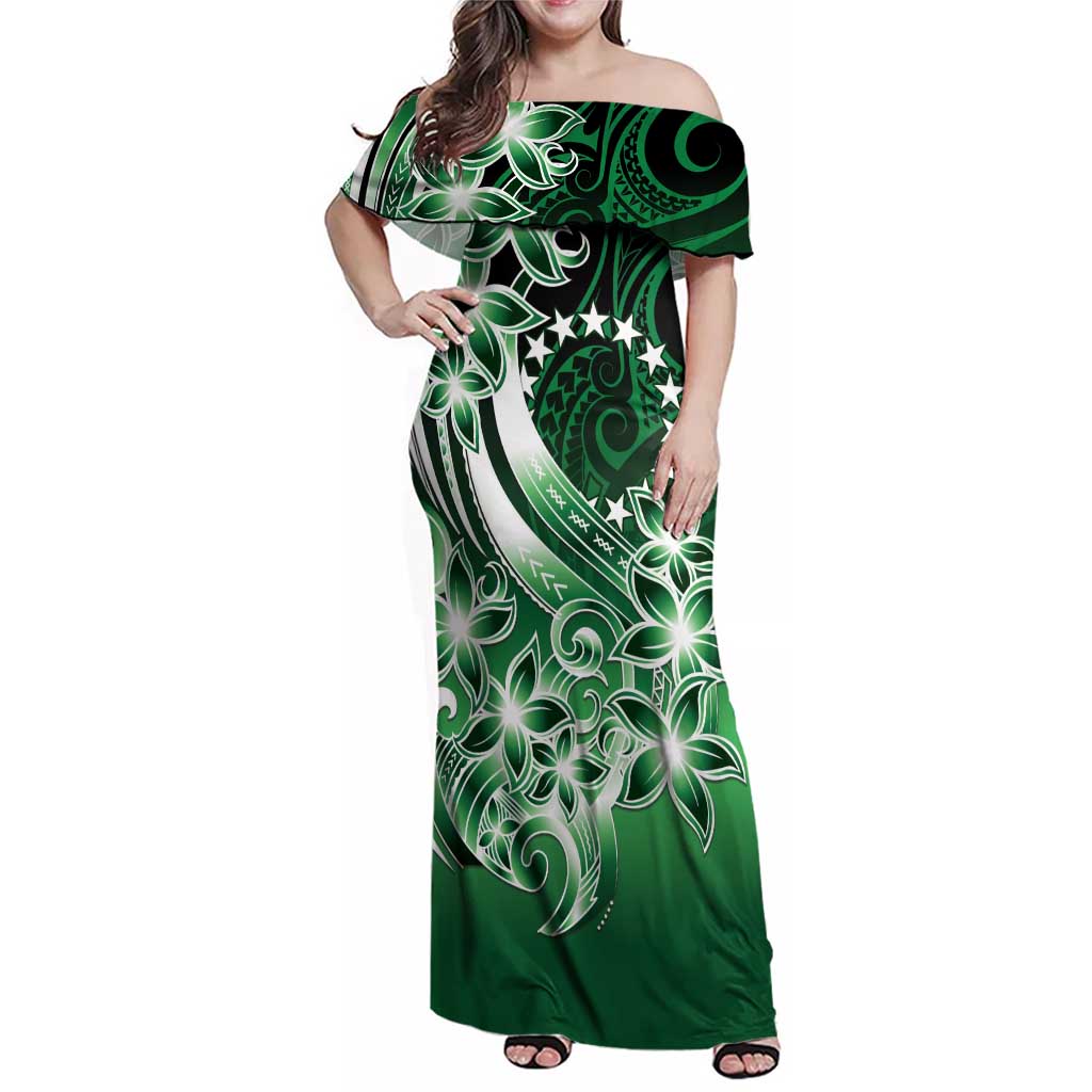 Cook Islands Tattoo Family Matching Off Shoulder Maxi Dress and Hawaiian Shirt Plumeria Polynesian Pattern LT9 Mom's Dress Green - Polynesian Pride