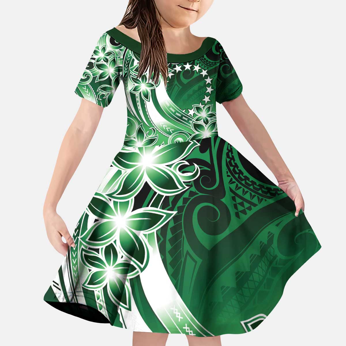 Cook Islands Tattoo Kid Short Sleeve Dress Plumeria Polynesian Pattern