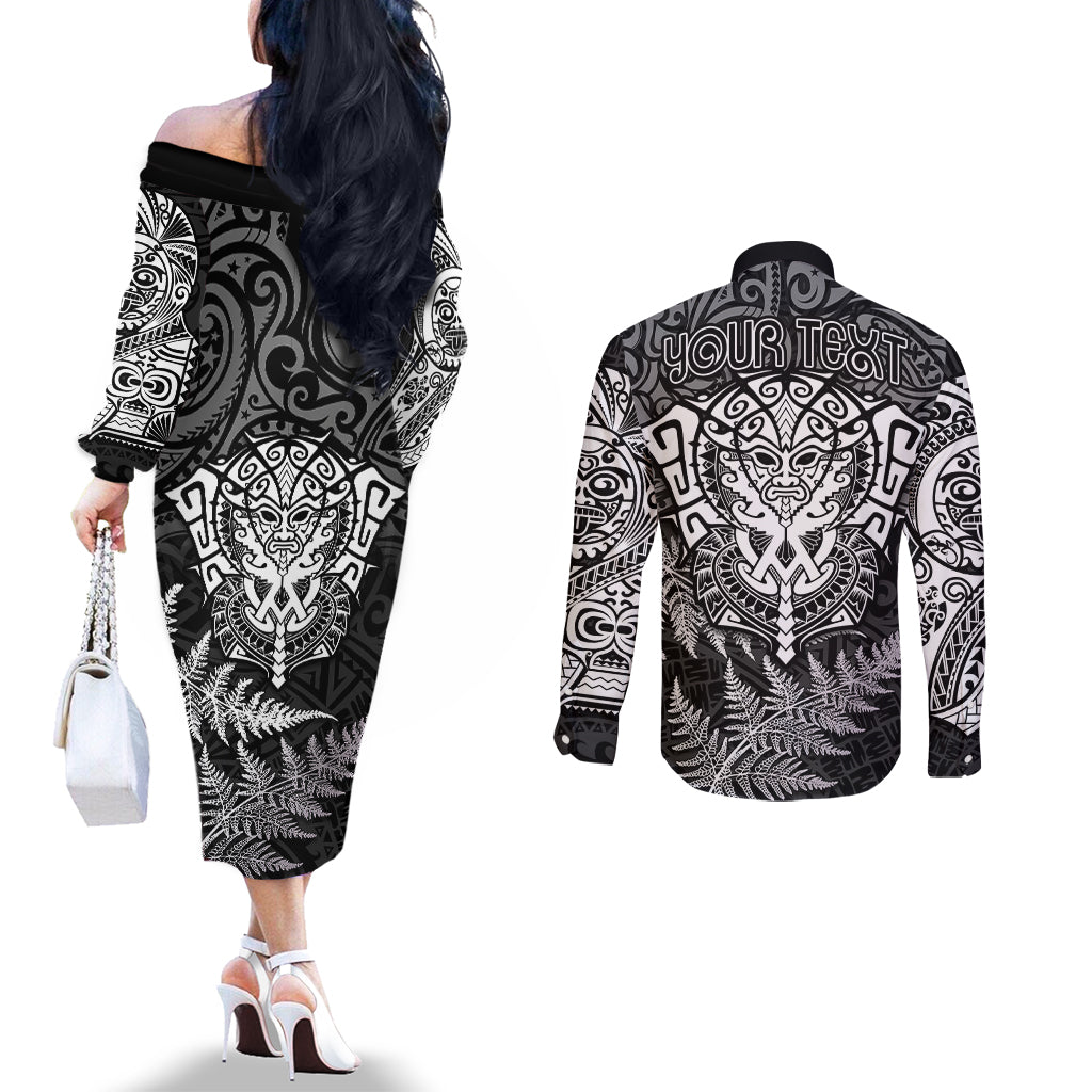 Personalised New Zealand Rugby Couples Matching Off The Shoulder Long Sleeve Dress and Long Sleeve Button Shirts Silver Fern All Black Mix Ta Moko White Style LT9 - Polynesian Pride