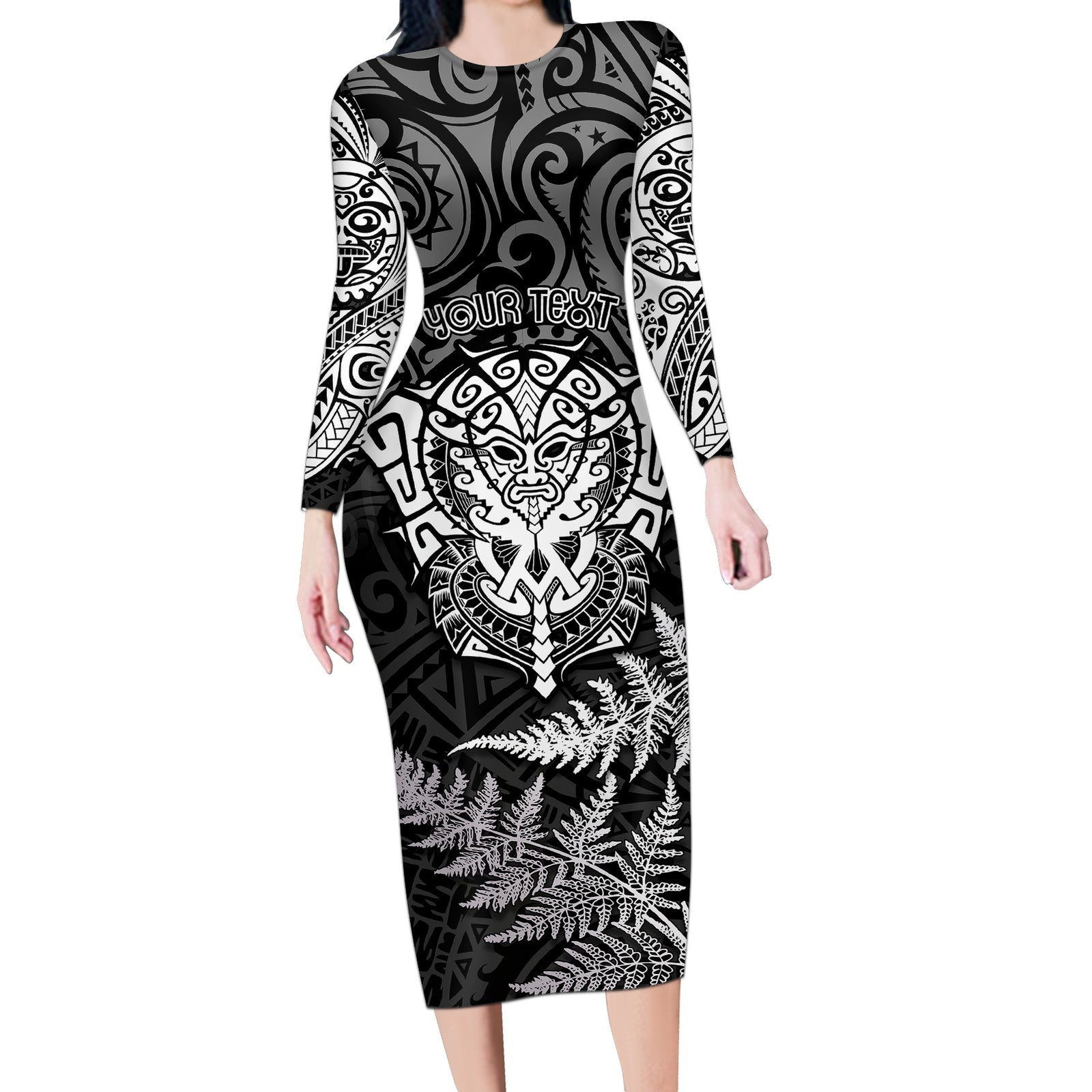 Personalised New Zealand Rugby Long Sleeve Bodycon Dress Silver Fern All Black Mix Ta Moko White Style LT9 Long Dress White - Polynesian Pride