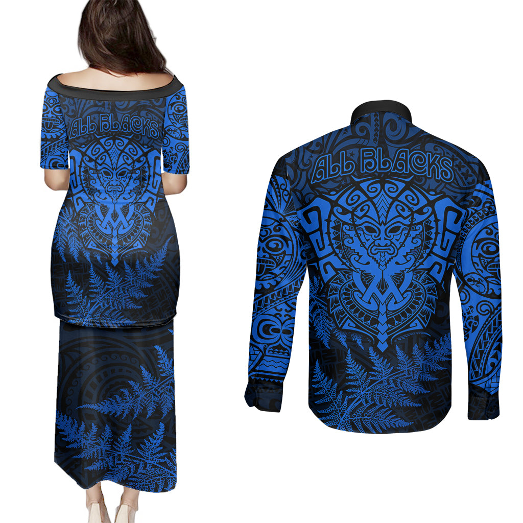 New Zealand Rugby Couples Matching Puletasi Dress and Long Sleeve Button Shirts Silver Fern All Black Mix Ta Moko Blue Style LT9 - Polynesian Pride