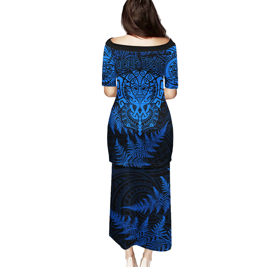 Personalised New Zealand Rugby Puletasi Silver Fern All Black Mix Ta Moko Blue Style LT9 - Polynesian Pride