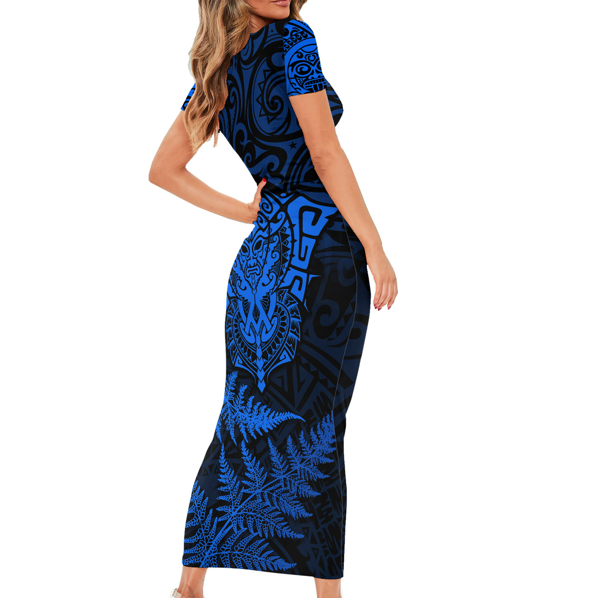 Personalised New Zealand Rugby Short Sleeve Bodycon Dress Silver Fern All Black Mix Ta Moko Blue Style LT9 - Polynesian Pride