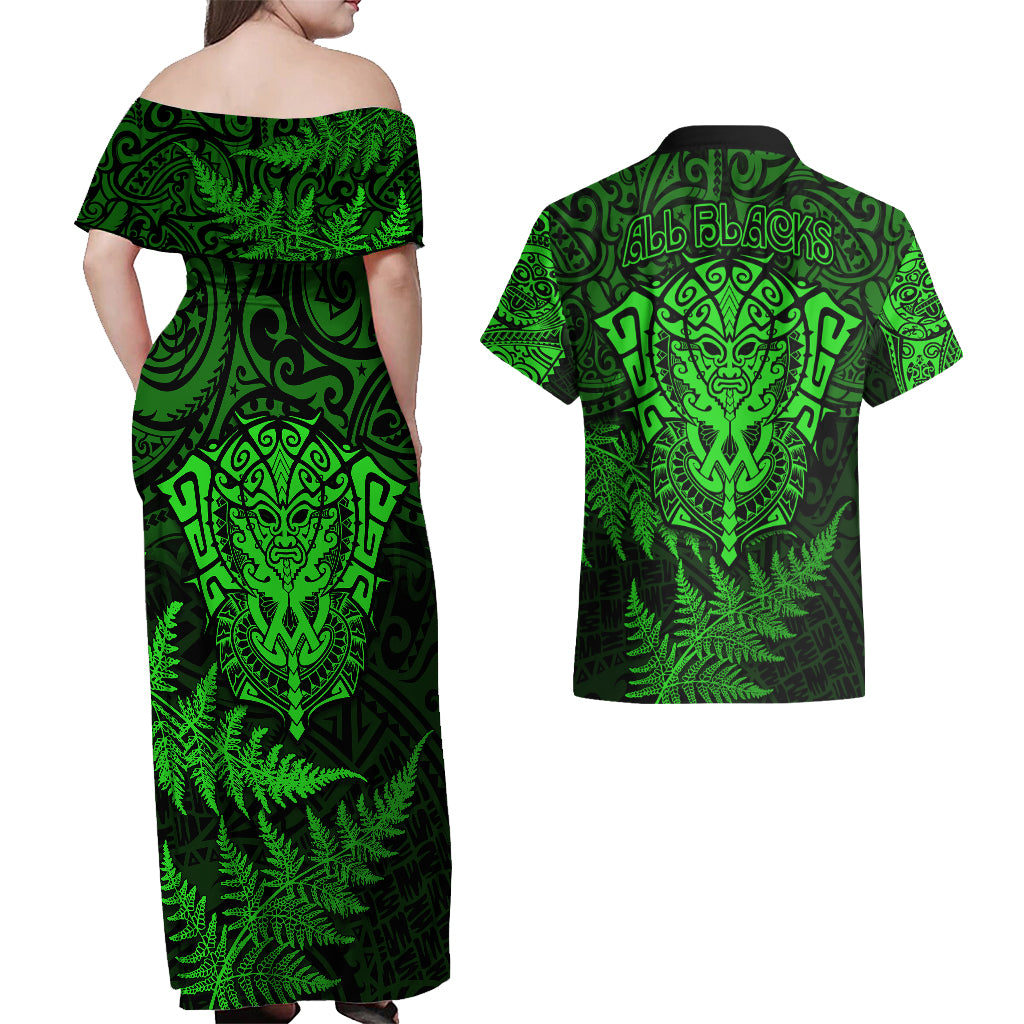 New Zealand Rugby Couples Matching Off Shoulder Maxi Dress and Hawaiian Shirt Silver Fern All Black Mix Ta Moko Green Style LT9 - Polynesian Pride
