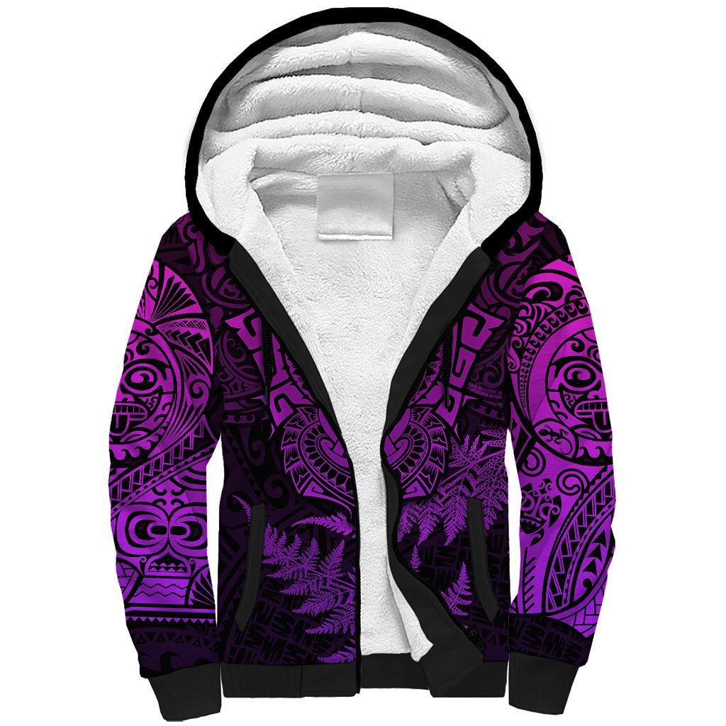 Personalised New Zealand Rugby Sherpa Hoodie Silver Fern All Black Mix Ta Moko Purple Style LT9 Unisex Purple - Polynesian Pride