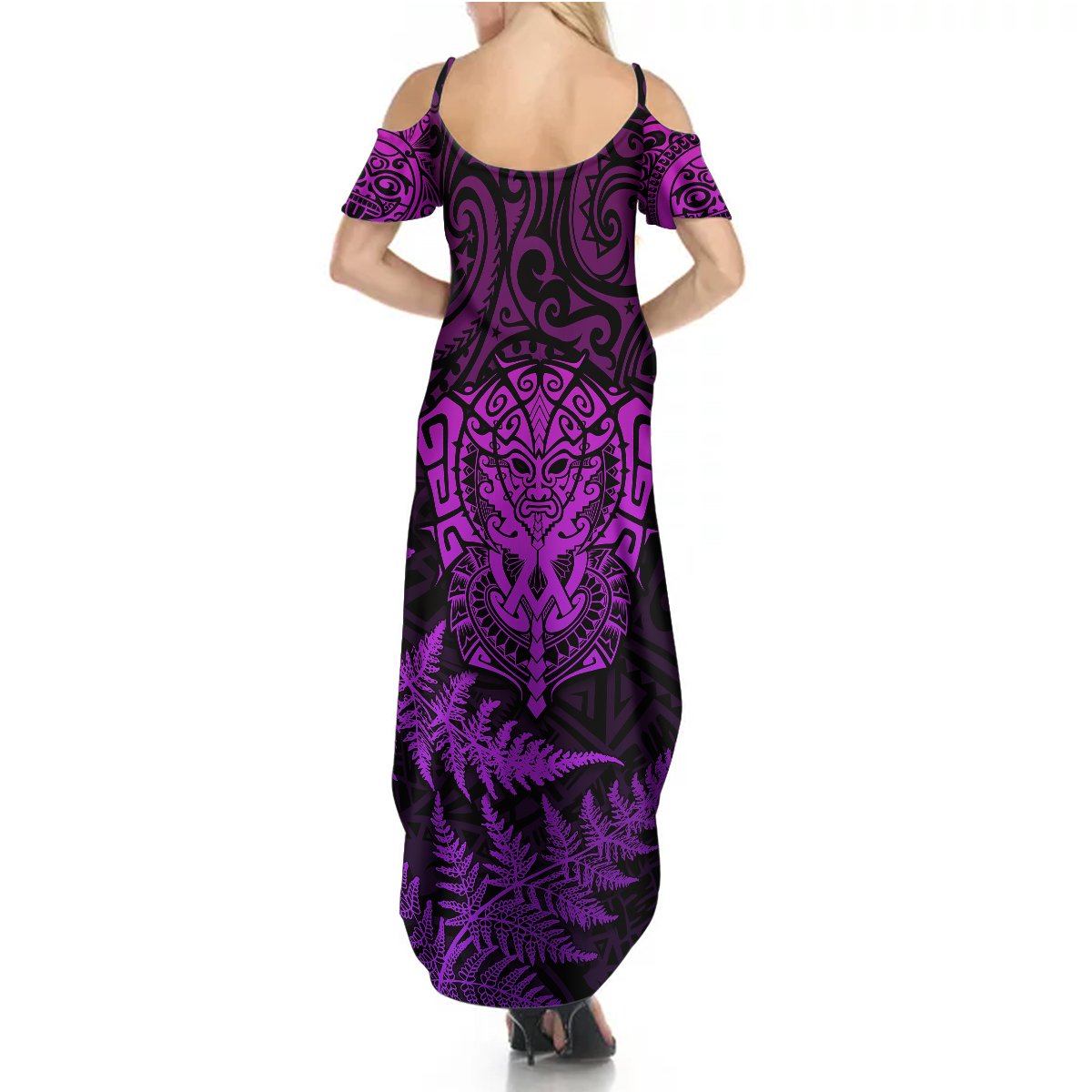 Personalised New Zealand Rugby Summer Maxi Dress Silver Fern All Black Mix Ta Moko Purple Style LT9 - Polynesian Pride