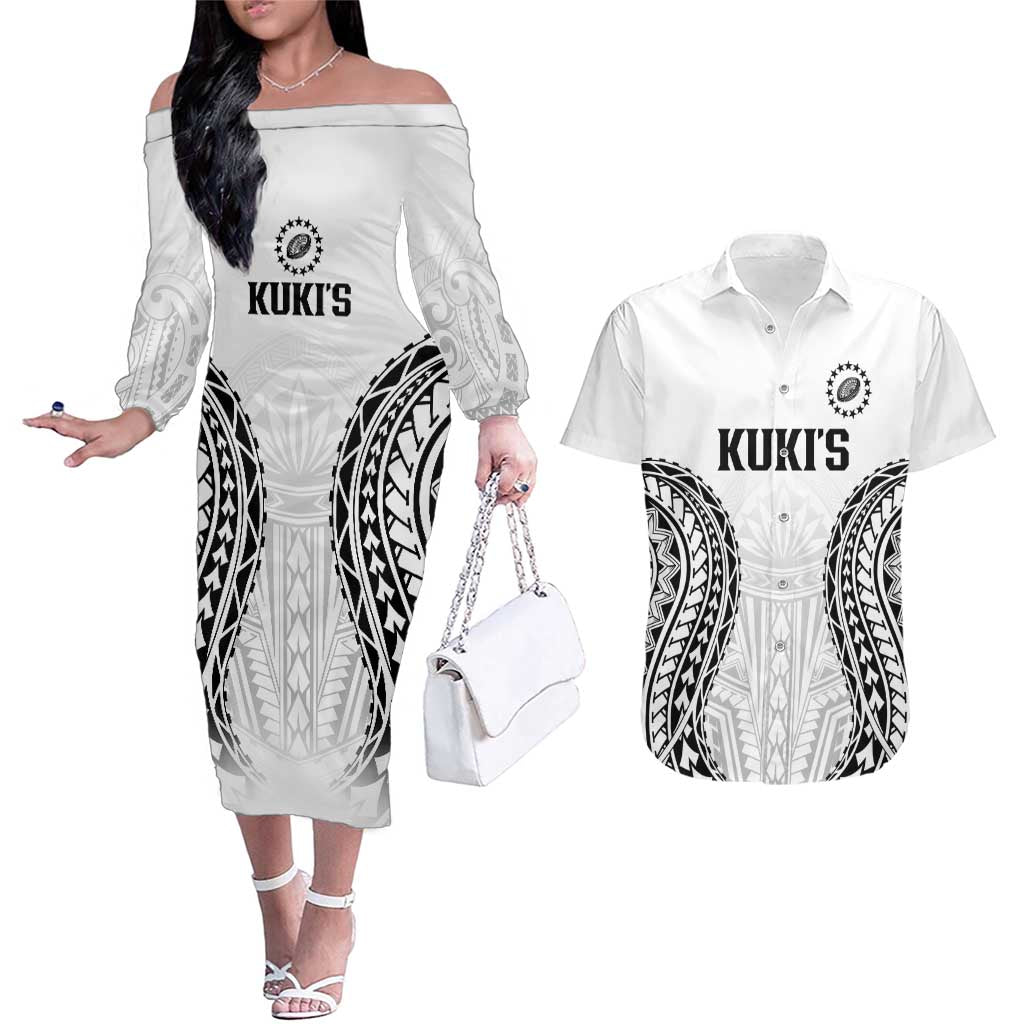 World Rugby Cook Islands Couples Matching Off The Shoulder Long Sleeve Dress and Hawaiian Shirt Kukis Make History LT9 White - Polynesian Pride