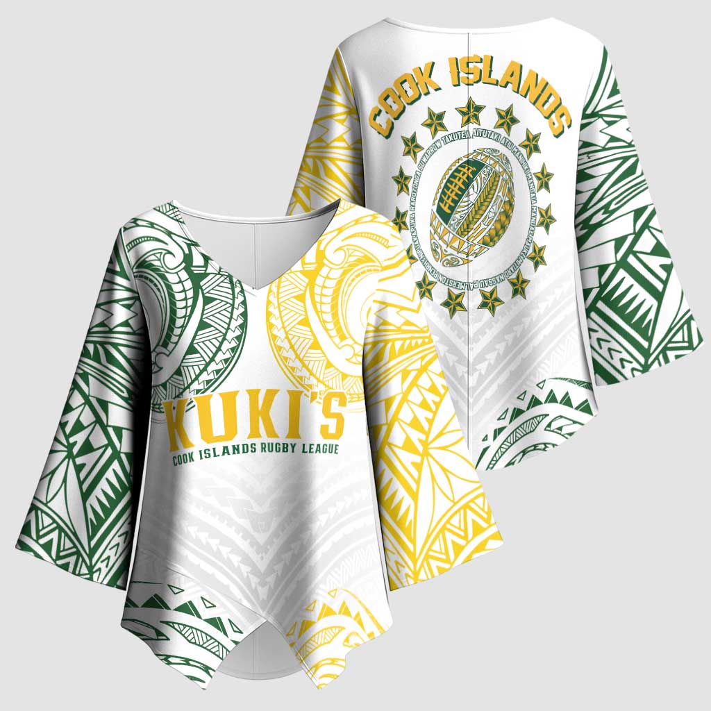 World Rugby Cook Islands Kimono Sleeve Blouse White Polynesian Tribal Pattern LT9 - Polynesian Pride