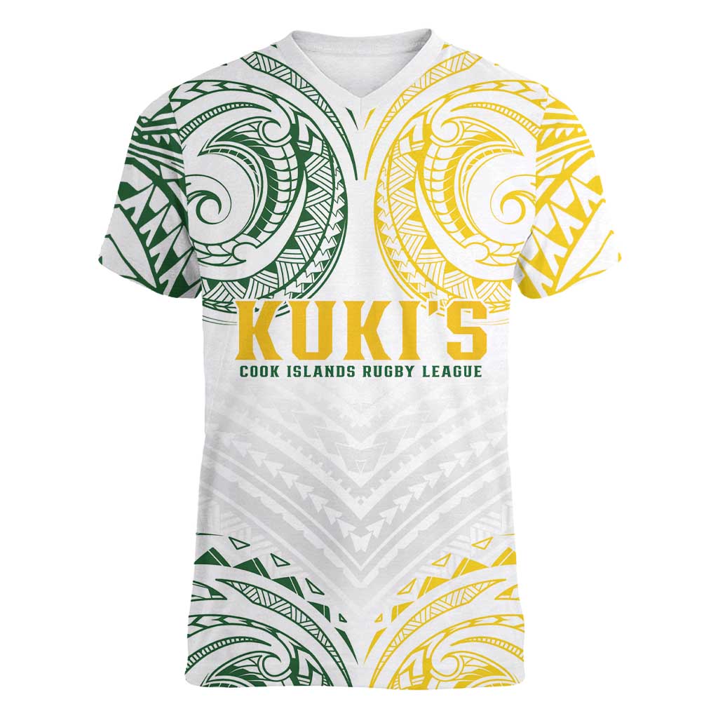 World Rugby Cook Islands Women V-Neck T-Shirt White Polynesian Tribal Pattern - Polynesian Pride