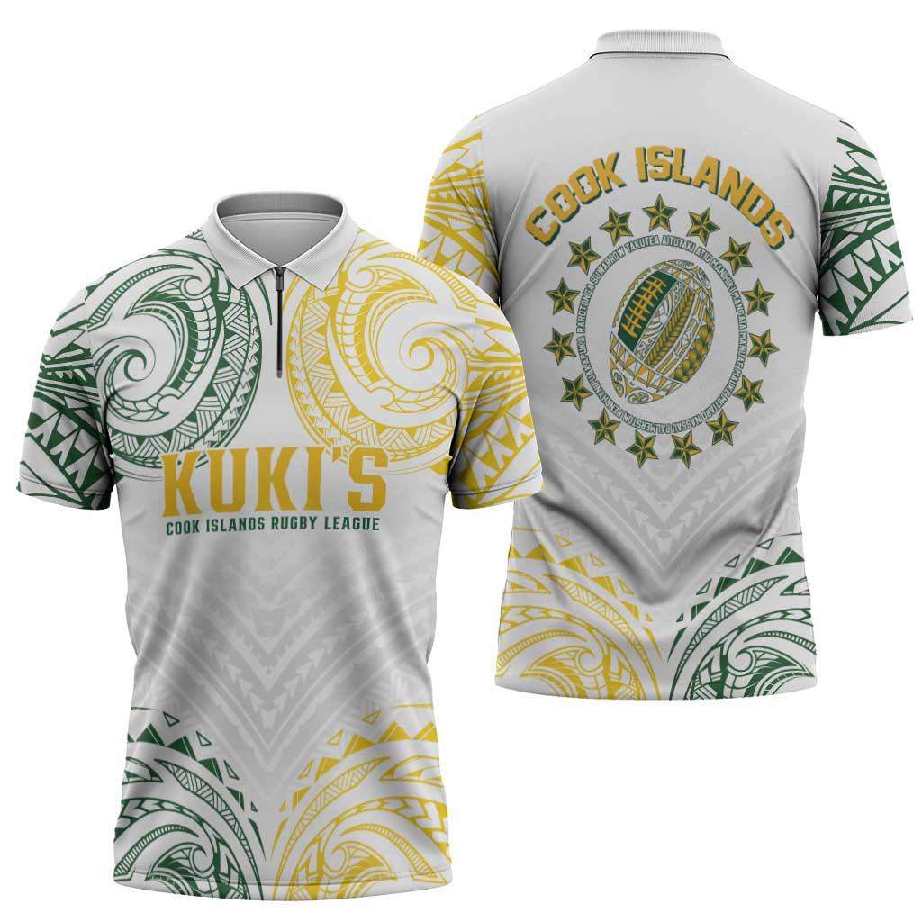 World Rugby Cook Islands Zipper Polo Shirt White Polynesian Tribal Pattern LT9 - Polynesian Pride