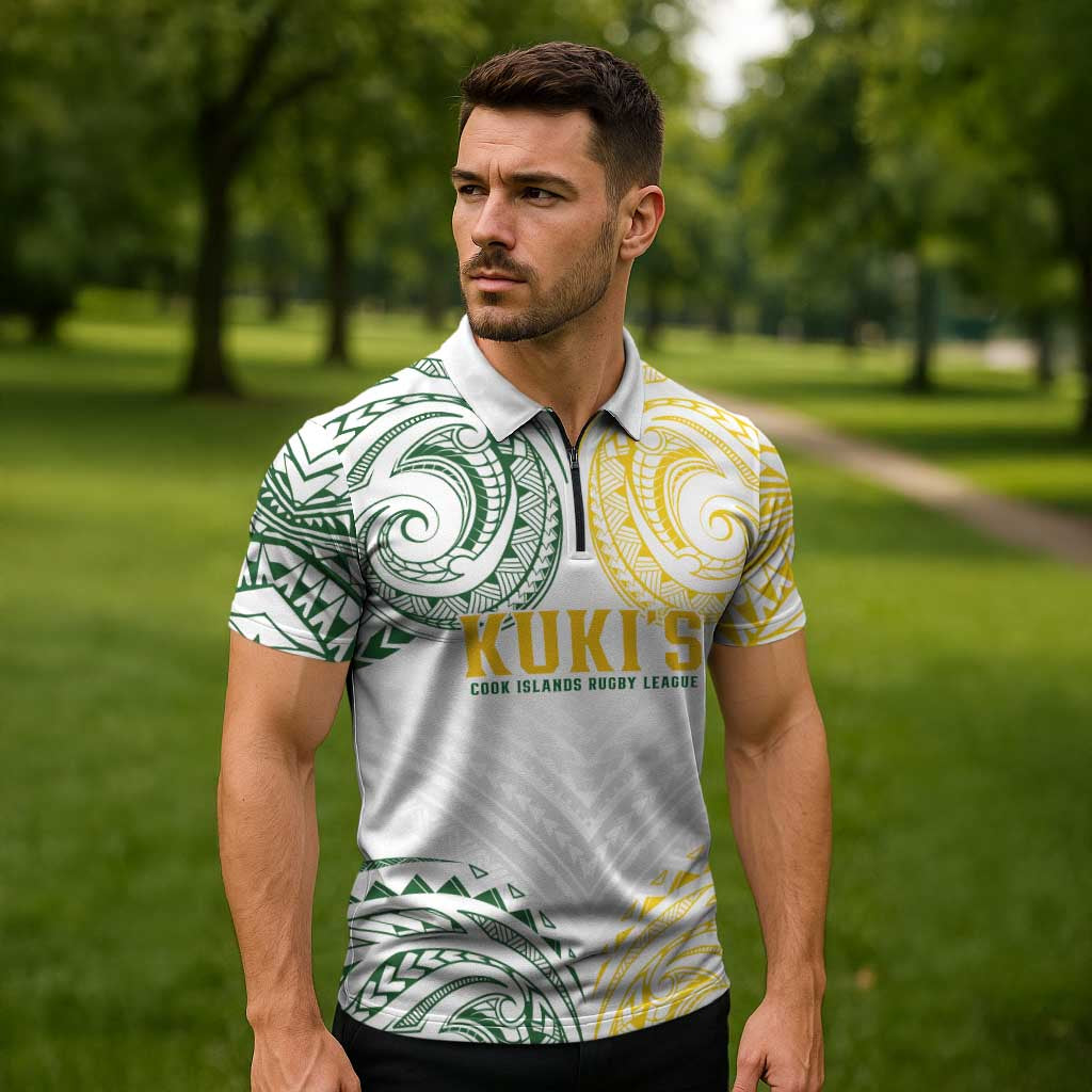 World Rugby Cook Islands Zipper Polo Shirt White Polynesian Tribal Pattern LT9 - Polynesian Pride