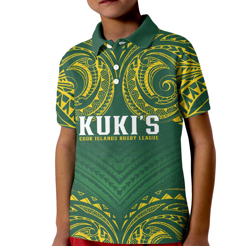 World Rugby Cook Islands Kid Polo Shirt Green Polynesian Tribal Pattern - Polynesian Pride