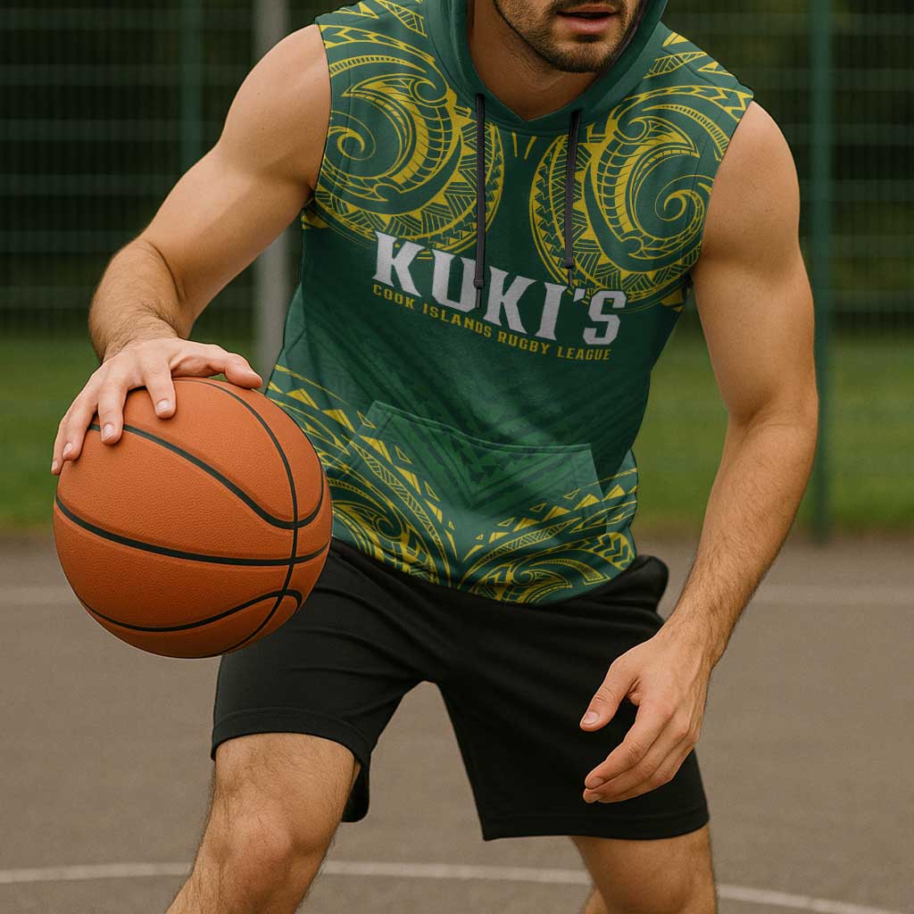 World Rugby Cook Islands Sleeveless Hoodie Green Polynesian Tribal Pattern LT9 - Polynesian Pride