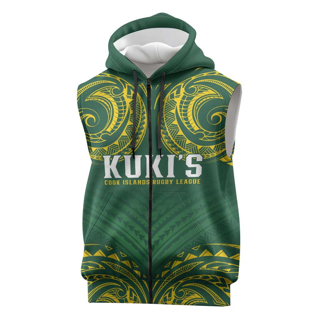 World Rugby Cook Islands Sleeveless Zip Hoodie Green Polynesian Tribal Pattern - Polynesian Pride