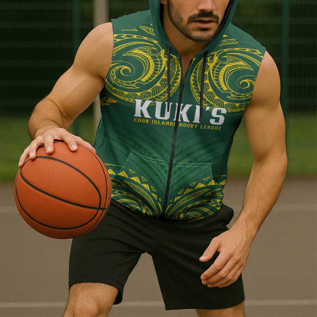 World Rugby Cook Islands Sleeveless Zip Hoodie Green Polynesian Tribal Pattern - Polynesian Pride