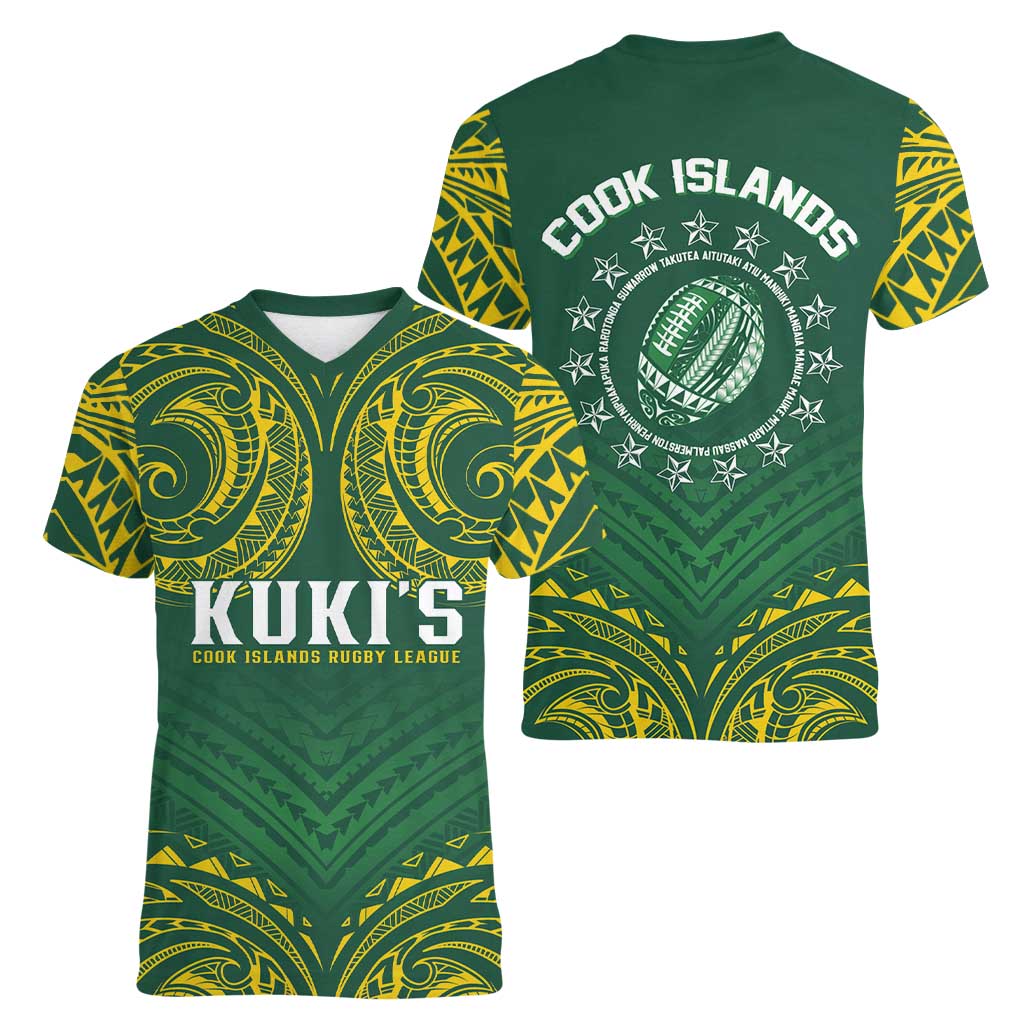 World Rugby Cook Islands Women V-Neck T-Shirt Green Polynesian Tribal Pattern - Polynesian Pride
