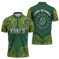 World Rugby Cook Islands Zipper Polo Shirt Green Polynesian Tribal Pattern - Polynesian Pride