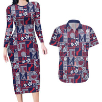 Guam Felis Pasgua Couples Matching Long Sleeve Bodycon Dress and Hawaiian Shirt Pacific Patchwork Xmas Vibes LT9 Blue - Polynesian Pride