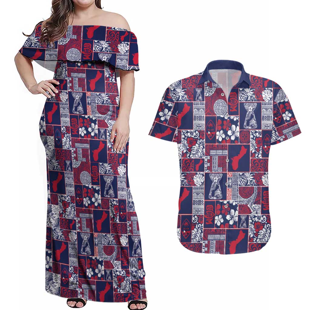 Guam Felis Pasgua Couples Matching Off Shoulder Maxi Dress and Hawaiian Shirt Pacific Patchwork Xmas Vibes - Polynesian Pride