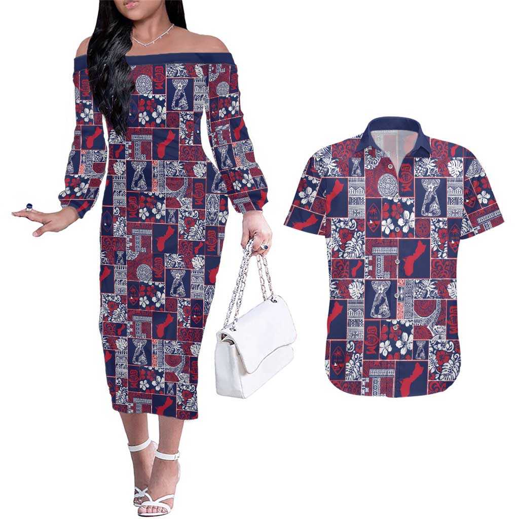 Guam Felis Pasgua Couples Matching Off The Shoulder Long Sleeve Dress and Hawaiian Shirt Pacific Patchwork Xmas Vibes LT9 Blue - Polynesian Pride