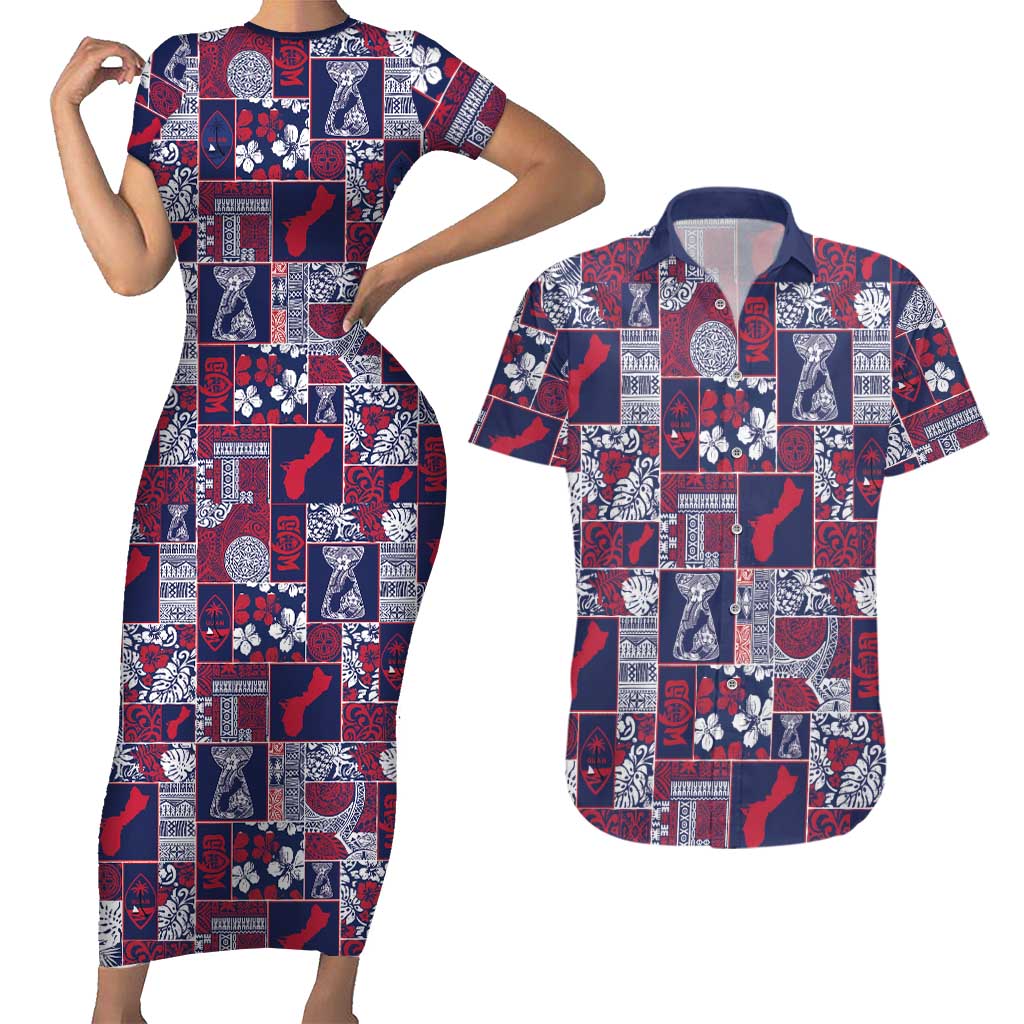 Guam Felis Pasgua Couples Matching Short Sleeve Bodycon Dress and Hawaiian Shirt Pacific Patchwork Xmas Vibes LT9 Blue - Polynesian Pride