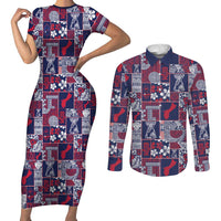 Guam Felis Pasgua Couples Matching Short Sleeve Bodycon Dress and Long Sleeve Button Shirt Pacific Patchwork Xmas Vibes - Polynesian Pride