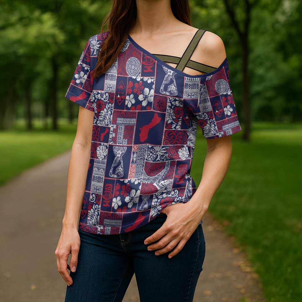 Guam Felis Pasgua Cross Shoulder Shirt Pacific Patchwork Xmas Vibes - Polynesian Pride