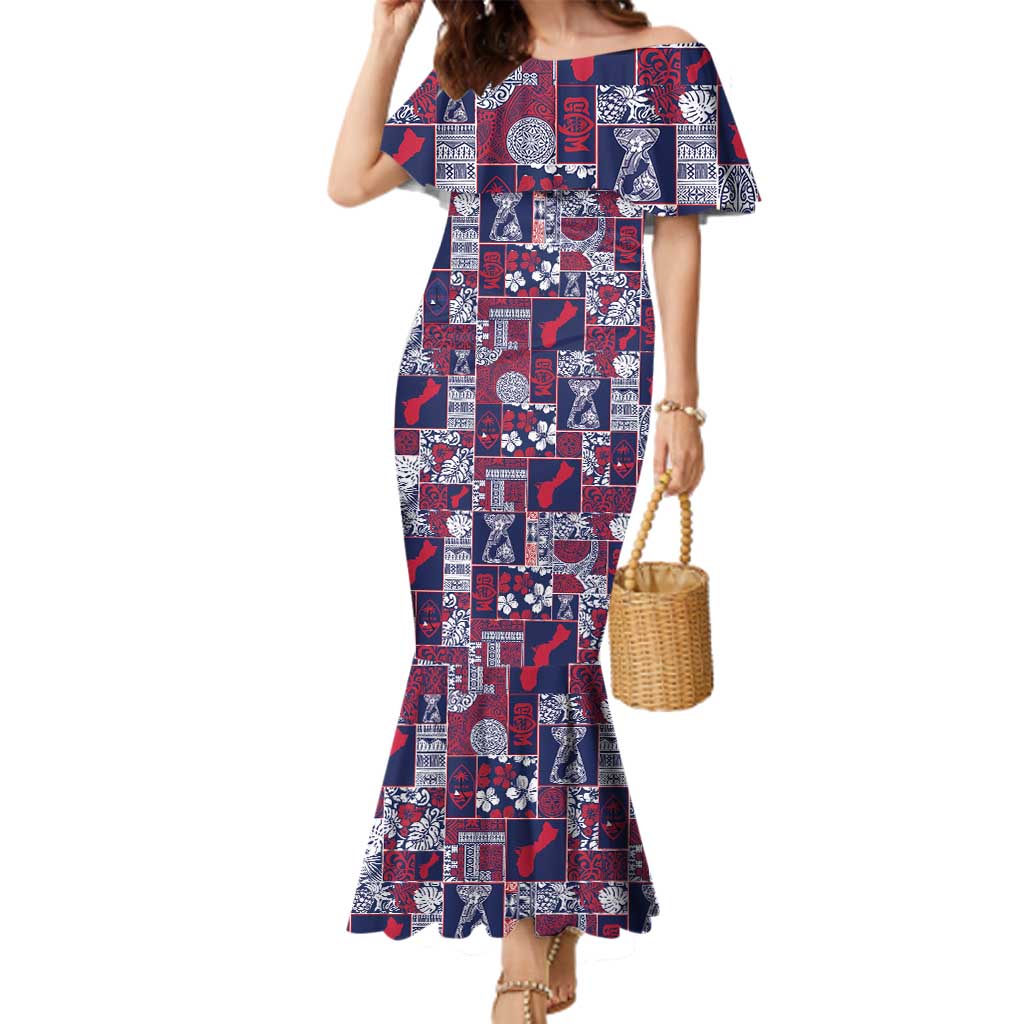 Guam Felis Pasgua Family Matching Mermaid Dress and Hawaiian Shirt Pacific Patchwork Xmas Vibes LT9 Mom's Dress Blue - Polynesian Pride