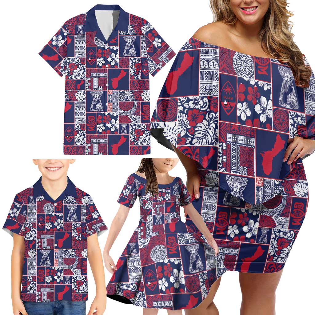 Guam Felis Pasgua Family Matching Off Shoulder Short Dress and Hawaiian Shirt Pacific Patchwork Xmas Vibes - Polynesian Pride
