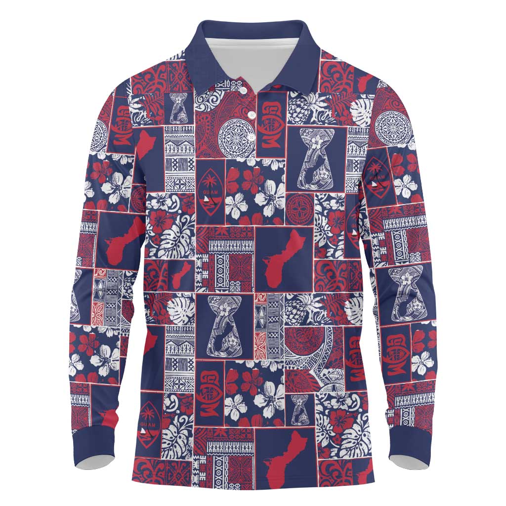 Guam Felis Pasgua Long Sleeve Polo Shirt Pacific Patchwork Xmas Vibes LT9 Blue - Polynesian Pride