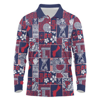 Guam Felis Pasgua Long Sleeve Polo Shirt Pacific Patchwork Xmas Vibes LT9 Blue - Polynesian Pride