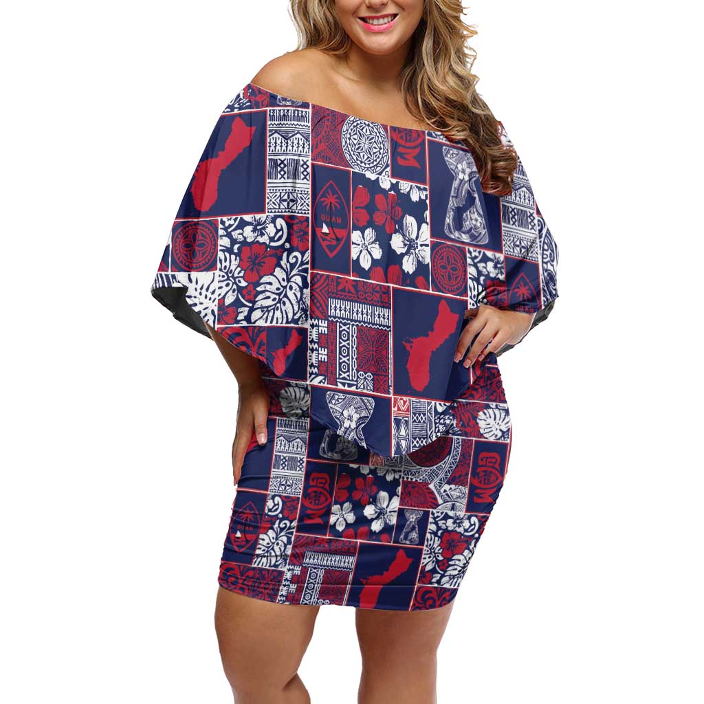 Guam Felis Pasgua Off Shoulder Short Dress Pacific Patchwork Xmas Vibes LT9 Women Blue - Polynesian Pride