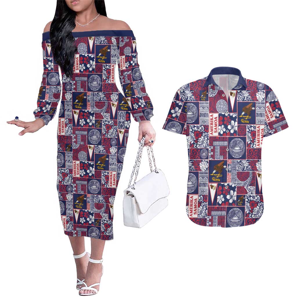 Manuia le Kerisimasi American Samoa Couples Matching Off The Shoulder Long Sleeve Dress and Hawaiian Shirt Pacific Patchwork Xmas Vibes LT9 Blue - Polynesian Pride