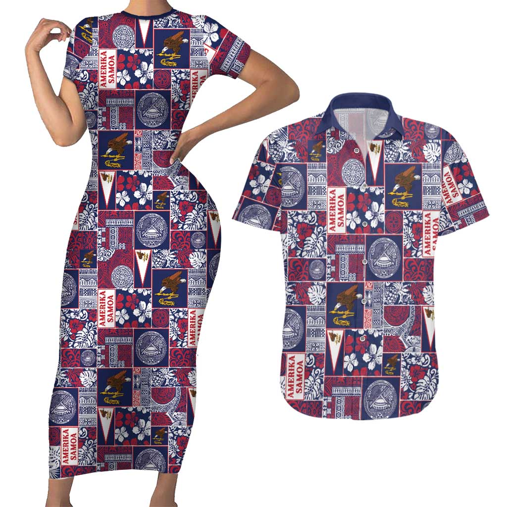 Manuia le Kerisimasi American Samoa Couples Matching Short Sleeve Bodycon Dress and Hawaiian Shirt Pacific Patchwork Xmas Vibes LT9 Blue - Polynesian Pride