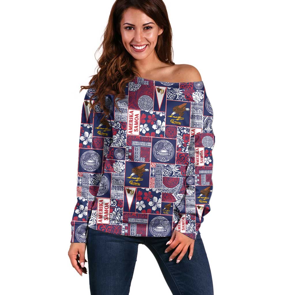 Manuia le Kerisimasi American Samoa Off Shoulder Sweater Pacific Patchwork Xmas Vibes - Polynesian Pride