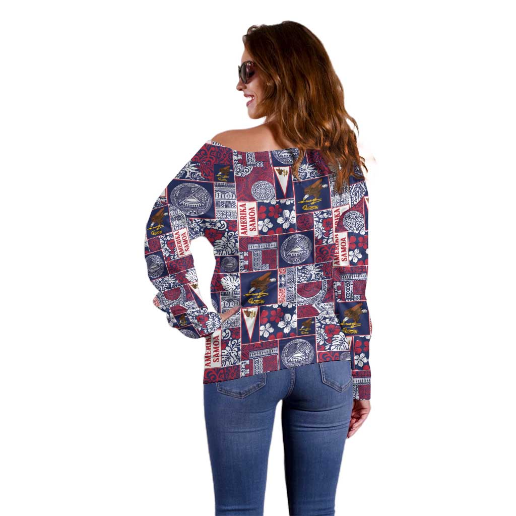 Manuia le Kerisimasi American Samoa Off Shoulder Sweater Pacific Patchwork Xmas Vibes - Polynesian Pride