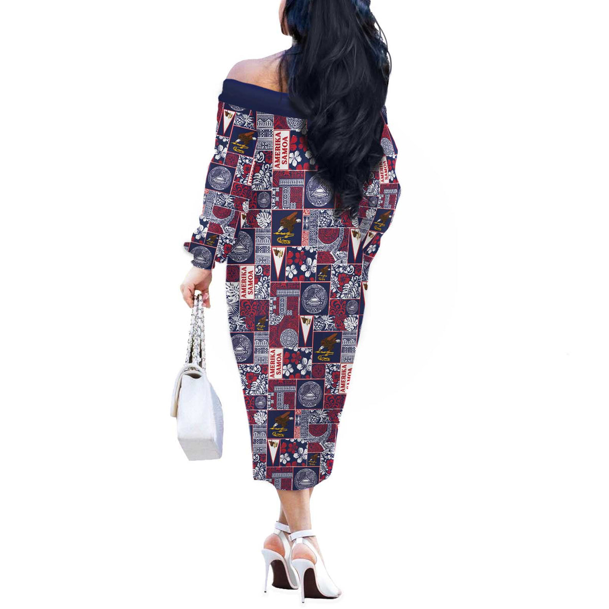 Manuia le Kerisimasi American Samoa Off The Shoulder Long Sleeve Dress Pacific Patchwork Xmas Vibes - Polynesian Pride