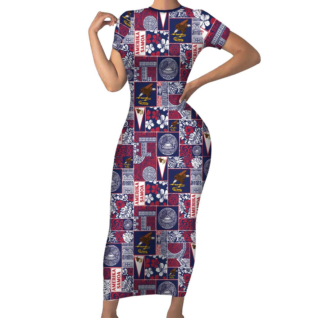 Manuia le Kerisimasi American Samoa Short Sleeve Bodycon Dress Pacific Patchwork Xmas Vibes - Polynesian Pride